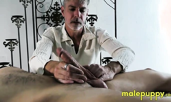Masseur Richard massages Joey Philippes beautiful cock and squeezes a thick load of cum