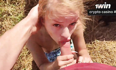 Hot light-haired Katy sluttily ravages in public field for best deep throat and creampie!