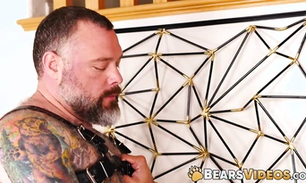 Angel Ferrari feeds hairy leather daddy Kurt Jacobs his big raw cock before taking his load